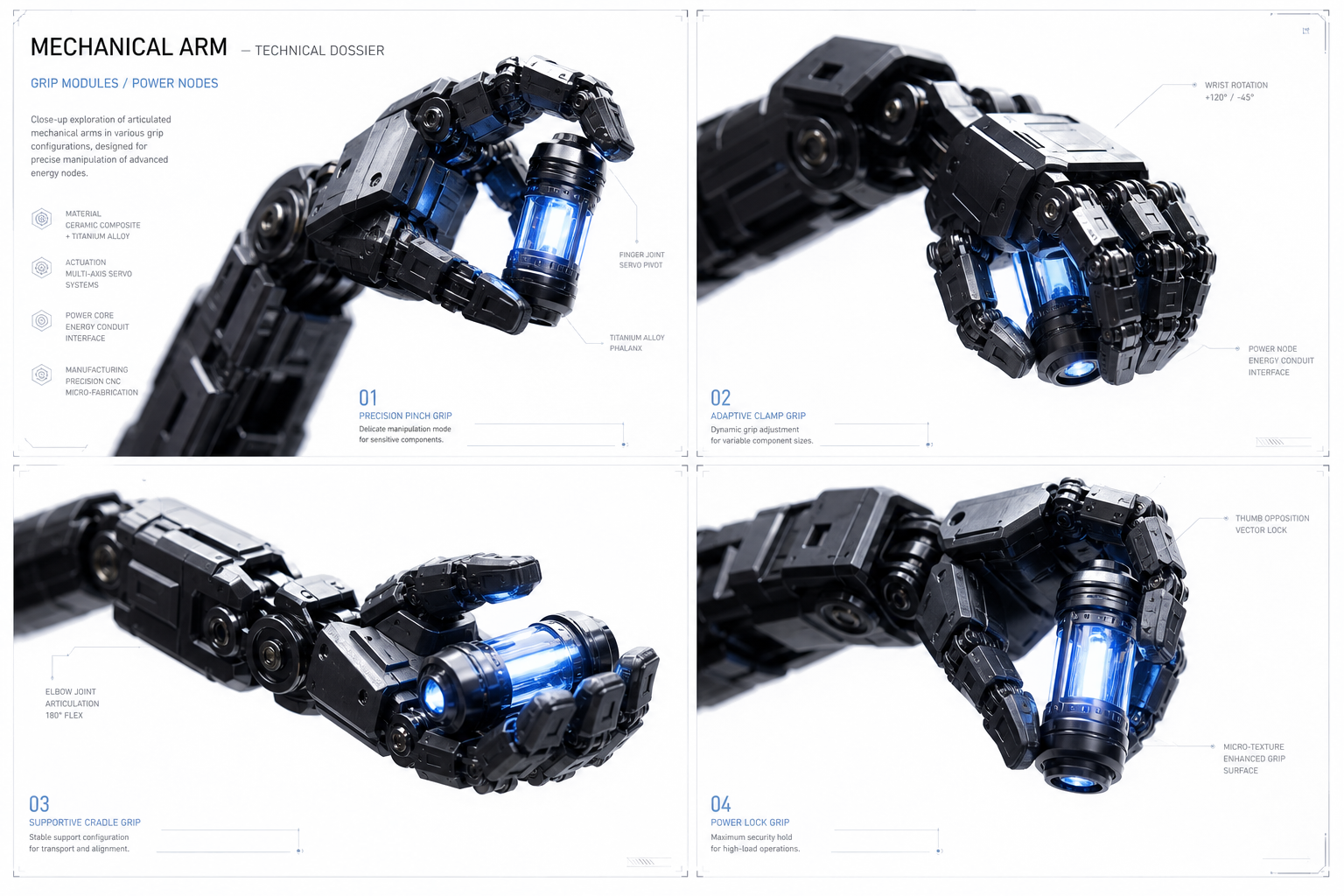 Mechanical arm technical dossier, 4-panel blueprint