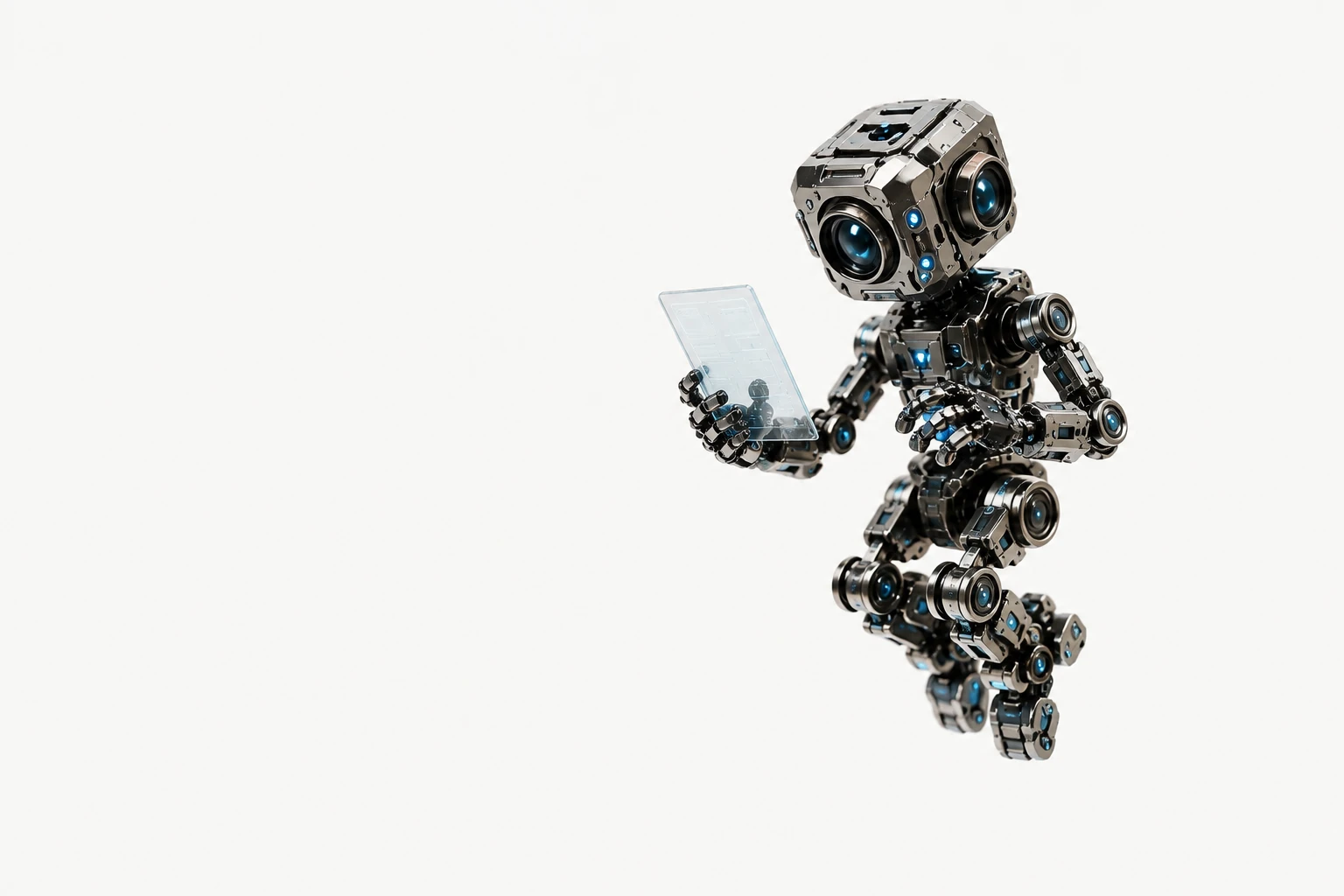 A chrome, cube-headed robot inspecting a transparent tablet