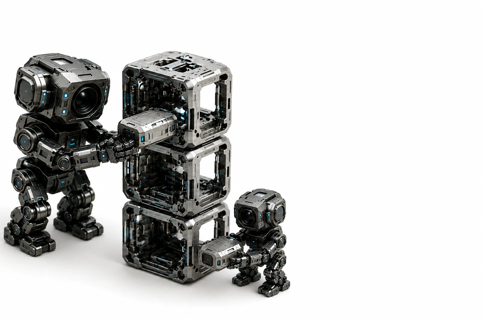Two compact aegntic mascots fitting a new module into an open mechanism