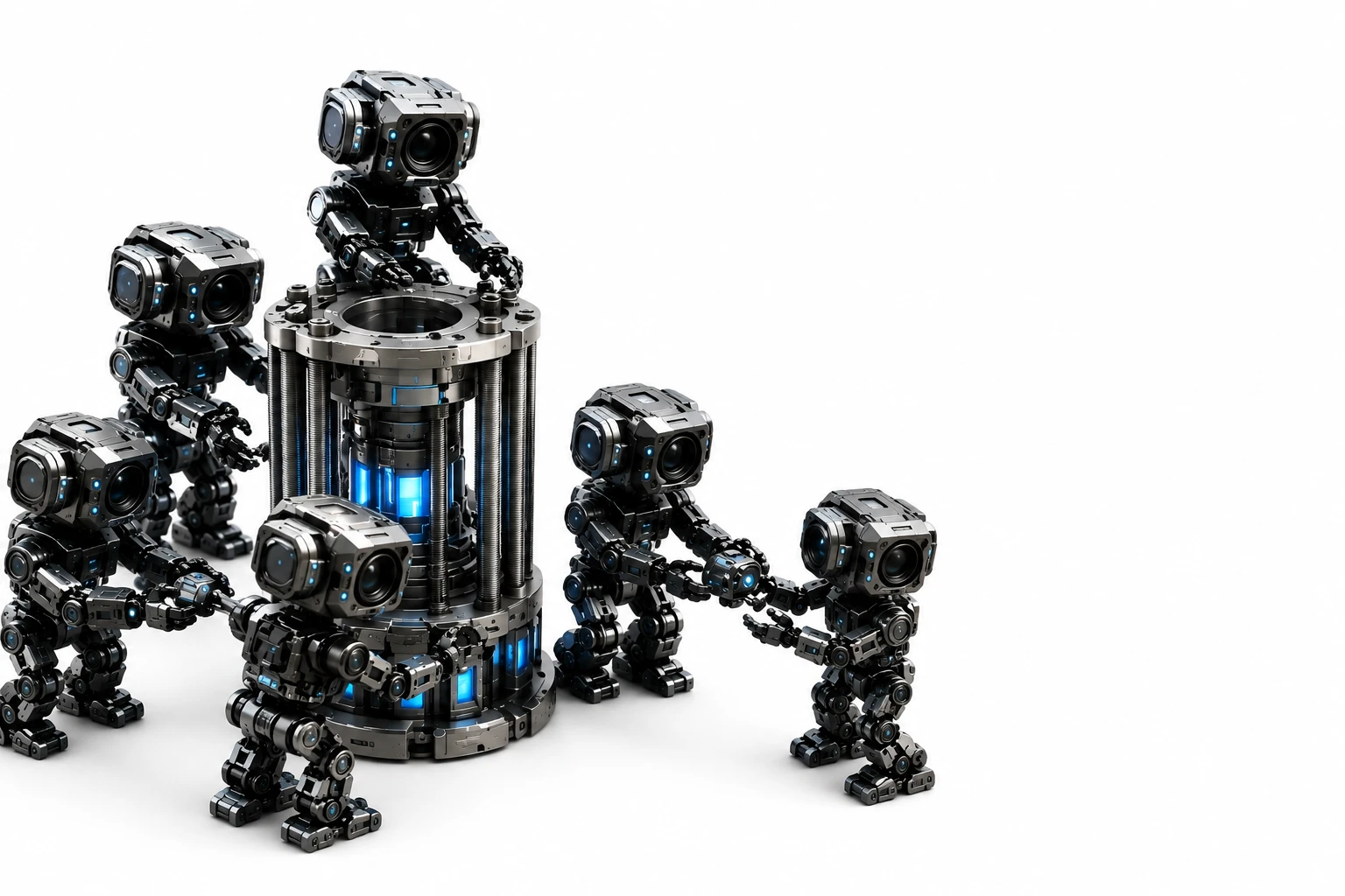 A cohort of compact aegntic mascots coordinating around an open mechanical core
