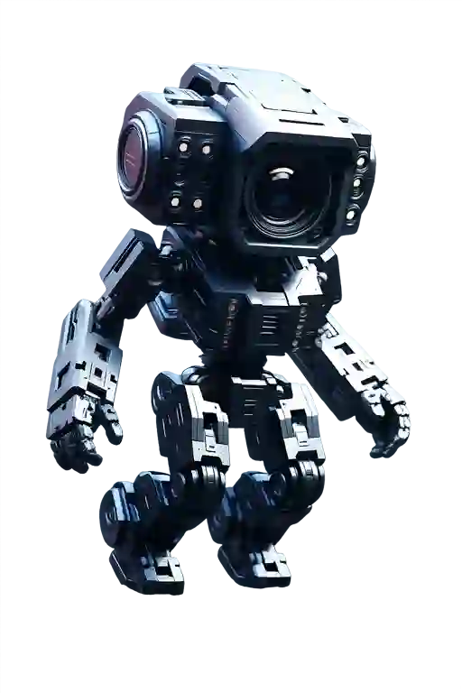 The original aegntic mascot: a compact, camera-headed robot with a broad mechanical body